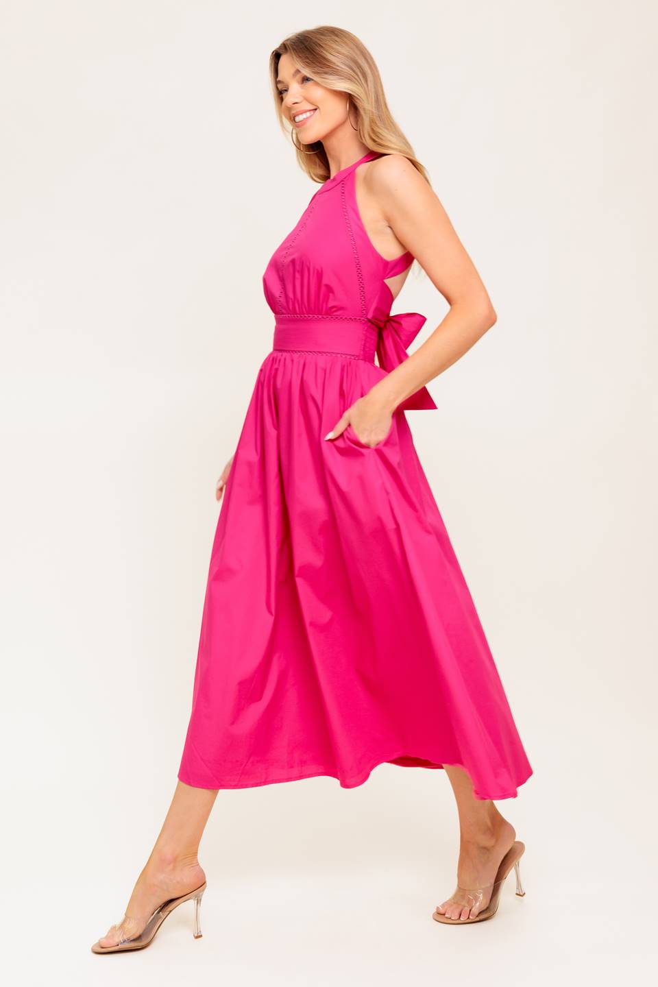 PEONY TOUCH FUCHSIA WOVEN MIDI DRESS Flying Tomato
